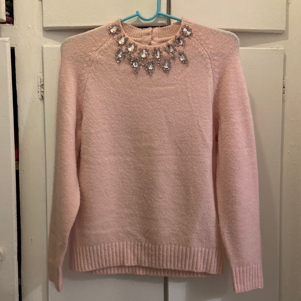 Women’s Baby Pink Rhinestone collar Jewel Sweater Small to Medium